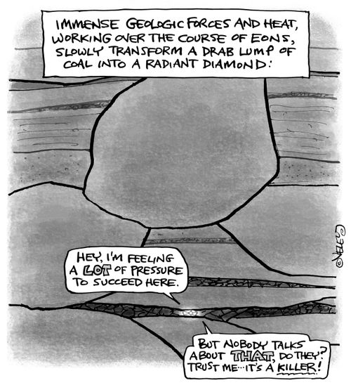 Immense geologic forces and heat, working over the course of eons, slowly transform a drab lump of coal into a radiant diamond.
