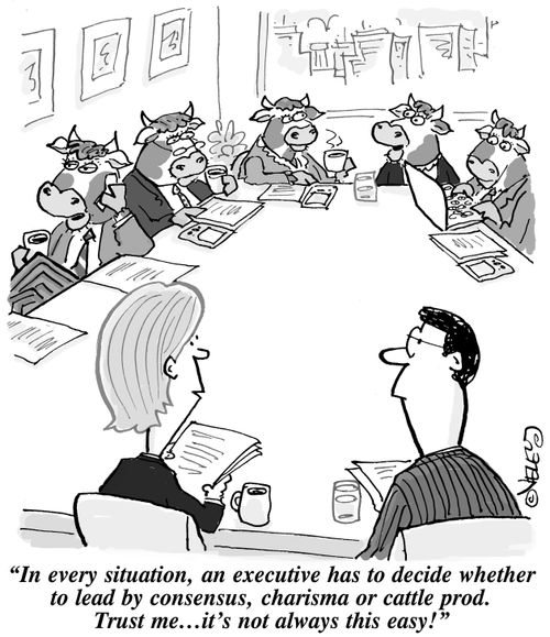 "In every situation, an executive has to decide whether to lead by consensus, charisma or cattle prod. Trust me... it's not always this easy!"