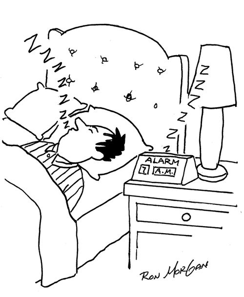 Sleeping man and his alarm clock both snore.