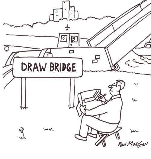 Artist, sitting in front of a sign identifying a bridge as a draw bridge, draws the bridge.