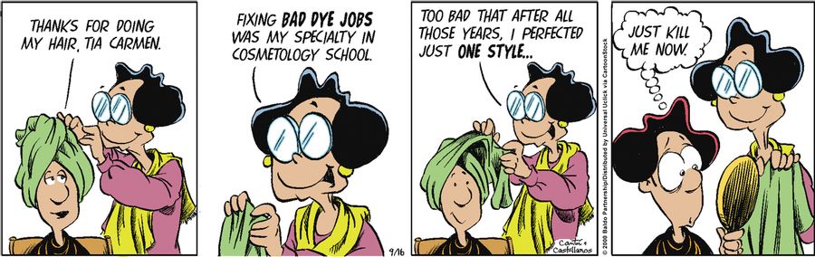 "Fixing bad dye jobs was my specialty in cosmetology school. Too bad after all those years, I perfected just one style..."