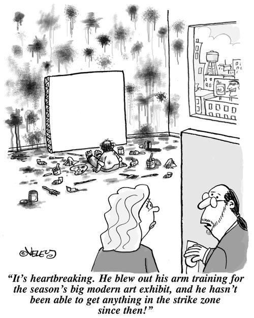 "It's heartbreaking. He blew out his arm training for the season's big modern art exhibit, and he hasn't been able to get anything in the strike zone since then!"