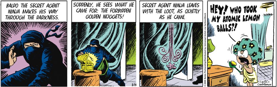 Baldo the secret agent ninja makes his way through the darkness. Suddenly, he sees what he came for: the forbidden golden nuggets. Secret agent ninja leaves with the loot, as quietly as he came."