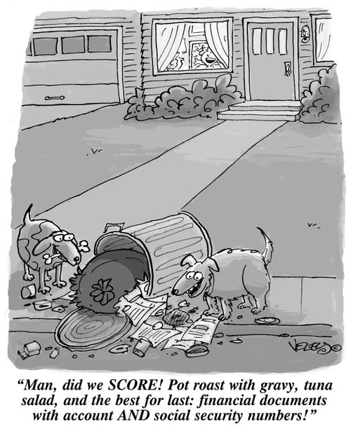 "Man, did we SCORE! Pot roast with gravy, tuna salad, and the best for last: financial documents with account AND social security numbers!"