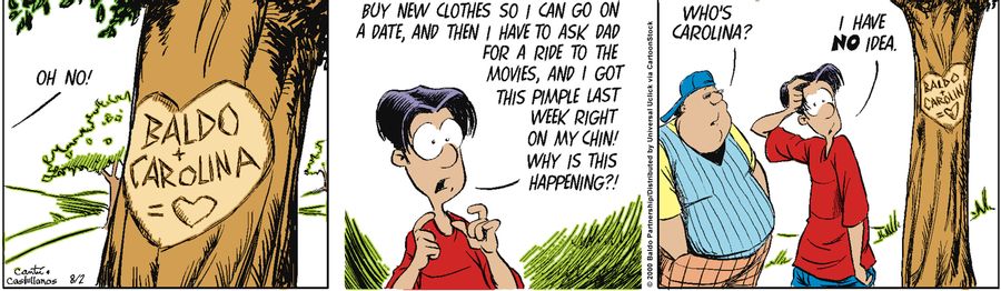 "Oh no! Buy new clothes so I can go on a date, and then I have to ask dad for a ride to the movies, and I got this pimple last week right on my chin! Why is this happening?!"
