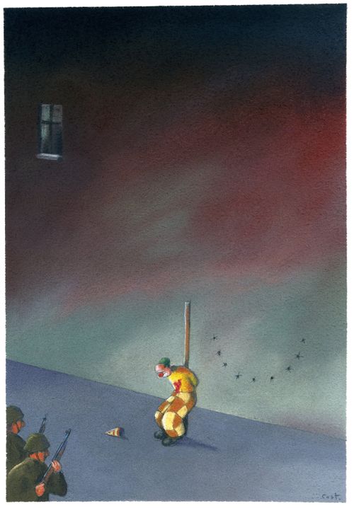 Clown facing the firing squad.