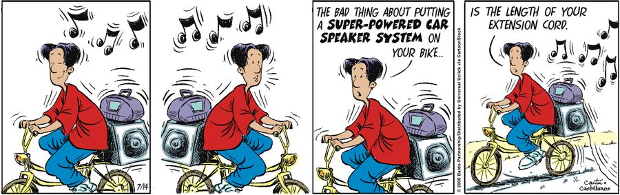 "The bad thing about putting a super-powered car speaker system on your bike...is the length of the extension cord."