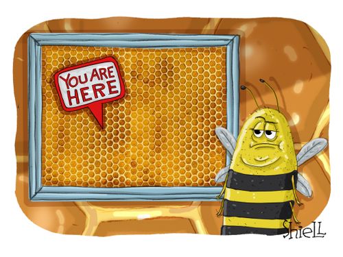 Beehive Directions. A bee looks at a map of a beehive with a sign that says, "You are here".
