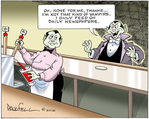"Oh, none for me, thanks...I'm not that kind of vampire. I only feed on daily newspapers."
