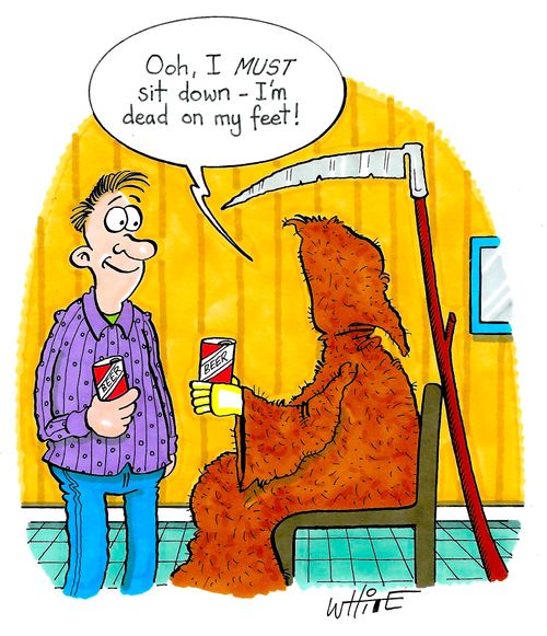 "Ooh, I must sit down - I'm dead on my feet!"