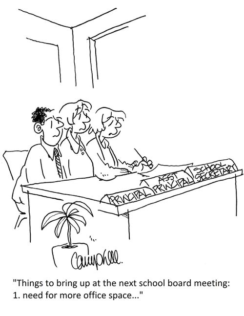 "Things to bring up at the next school board meeting: 1. need for more office space..."