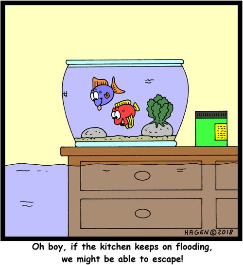 "Oh boy, if the kitchen keeps on flooding, we might be able to escape!"