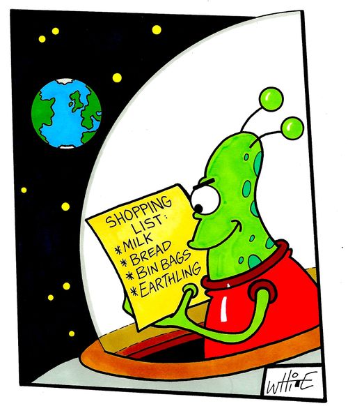 Alien Shopping List: Milk, Bread, Bin Bags, Earthling.