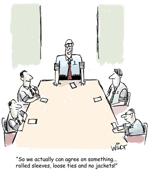 "So we actually can agree on something...rolled sleeves, loose ties, and no jackets!"