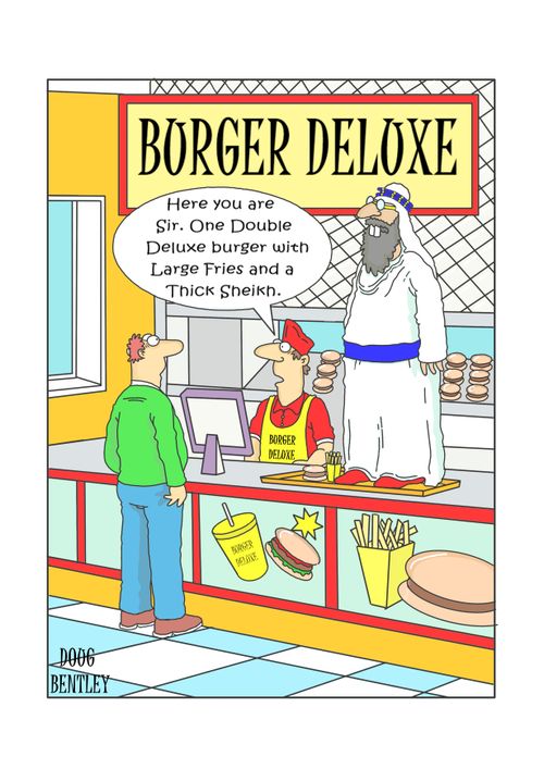 "Here you are Sir. One Double Deluxe burger with Large fries and a Thick Sheikh."