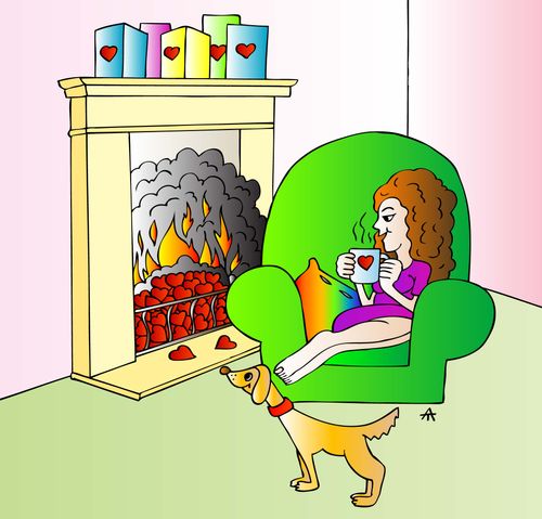 Relaxing in front of a fire.