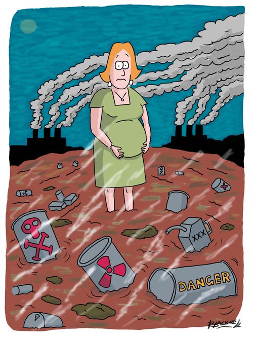 Pregnant woman standing in polluted river