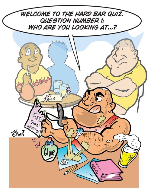 "Welcome to the hard bar quiz. Question number 1: who are you looking at...?"