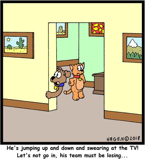 "He's jumping up and down and swearing at the TV! Let's not go in, his team must be losing..."