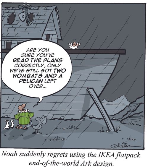 Noah suddenly regrets using the IKEA flatpack end-of-the-world Ark design.