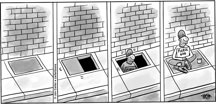 A beggar rises up on an underground lift to the sidewalk to panhandle for money.
