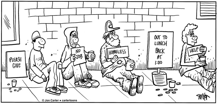 A line of beggars are begging on the sidewalk, except for one, who is out to lunch.