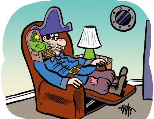 A pirate sits in his recliner with his parrot perched on his shoulder on his own miniature recliner.