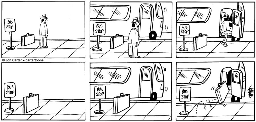 A man and a suitcase each board a bus separately.