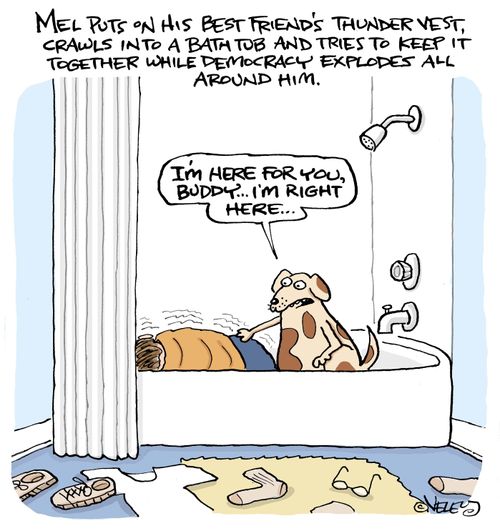 Mel puts on his best friend's thunder vest, crawls into a bathtub and tries to keep it together while democracy explodes all around him. 
