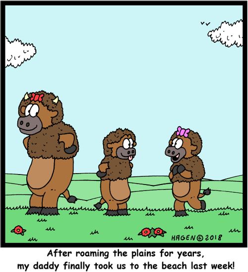 "After roaming the plains for years, my daddy finally took us to the beach last week!"