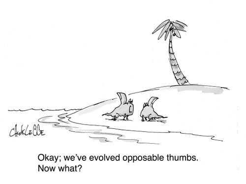"Okay; we've evolved opposable thumbs. Now what?"