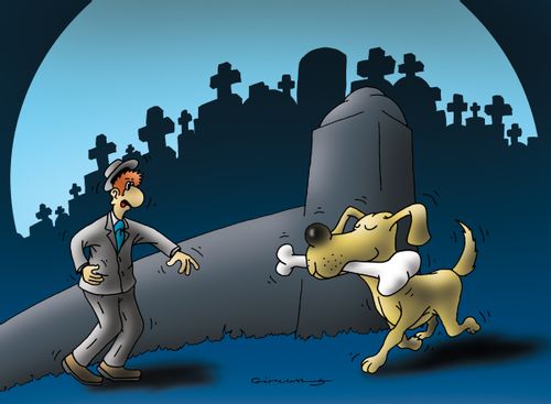 Dog steals a bone from a cemetery.