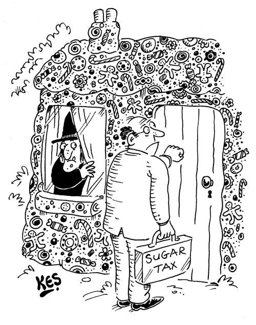 Taxman is knocking on the door of the witch's gingerbread house in order to collect, sugar tax.
