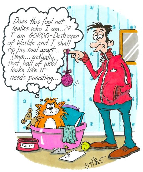 "Does the fool not realise who I am...?? I am GORDO - Destroyer of Worlds and I shall rip his soul apart...Hmmm...actually, that ball of wool looks like it needs punishing..."