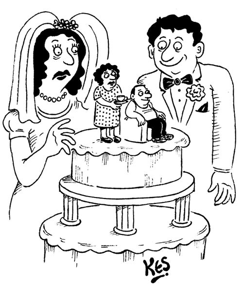 Bride sees figures atop wedding cake of wife waiting on relaxing husband.