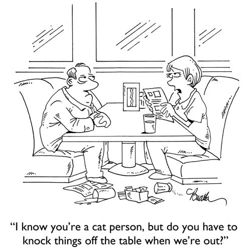 "I know you're a cat person, but do you have to knock things off the table when we're out?"