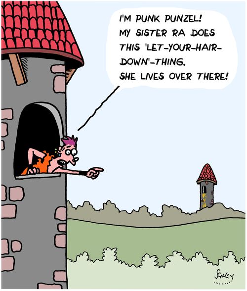 "I'm Punk Punzel! My sister Ra does this 'Let-Your-Hair-Down' thing. She lives over there!"