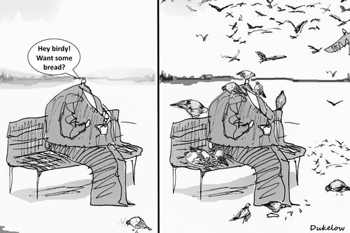 "Hey birdy! Want some bread?"