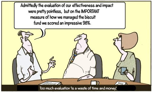 "Admittedly the evaluation of our effectiveness and impact were pretty pointless, but on the important measure of how we managed the biscuit fund we scored an impressive 98%."