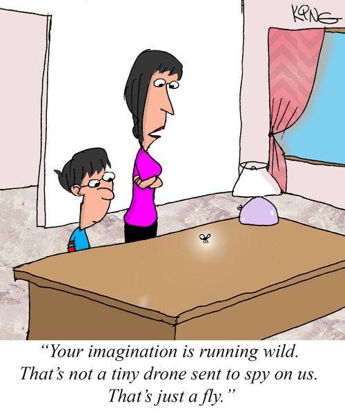 "Your imagination is running wild. That's not a tiny drone sent to spy on us. That's just a fly."