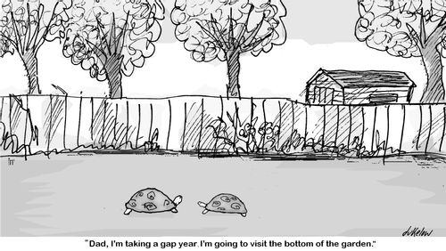 "Dad, I'm taking a gap year. I'm going to visit the bottom of the garden."