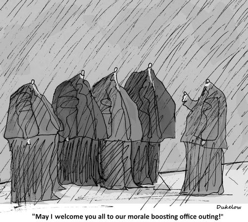 "May I welcome you all to our morale boosting office outing!"