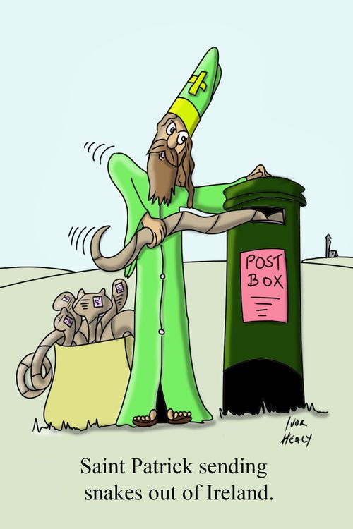 Saint Patrick sending snakes out of Ireland.