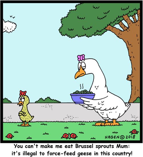 "You can't make me eat Brussel sprouts Mum: it's illegal to force-feed geese in this country!"