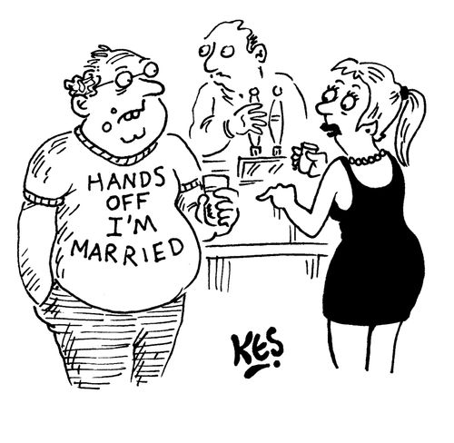 Girl sees unattractive man at bar wearing a t shirt which bares the slogan: Hands off I'm married.
