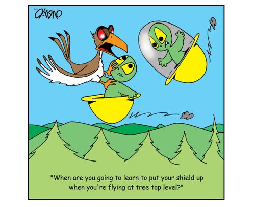 "When are you going to learn to put your shield up when you're flying at tree top level?"