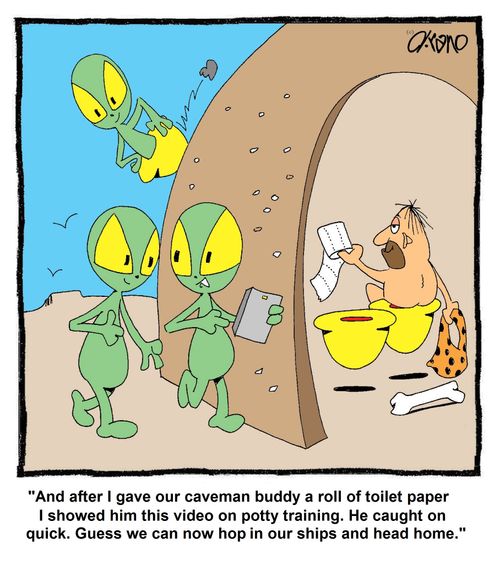 "And after I gave our caveman buddy a roll of toilet paper I showed him this video on potty training. He caught on quick. Guess we can now hop in our ships and head home."