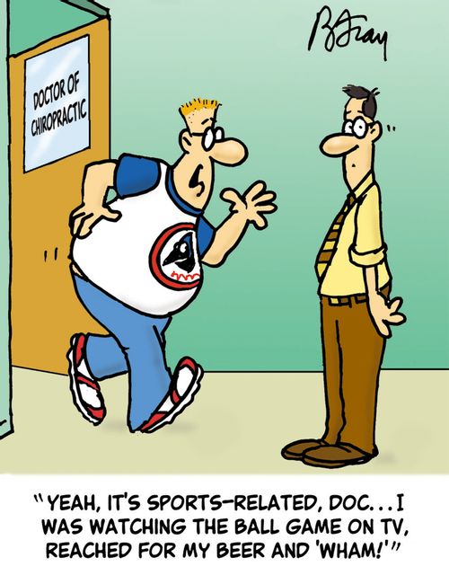 "Yeah, it's sports-related, Doc...I was watching the ball game on TV, reached for my beer and 'wham'!"
