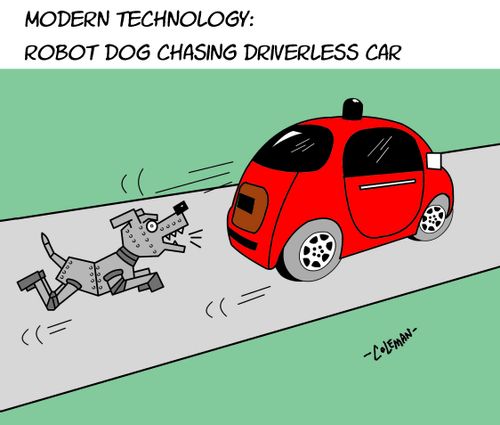Modern Technology: Robot Dog Chases A Driverless Car