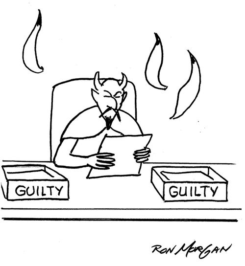 Satan has boxes on his desk labeled "Guilty" and "Guilty".